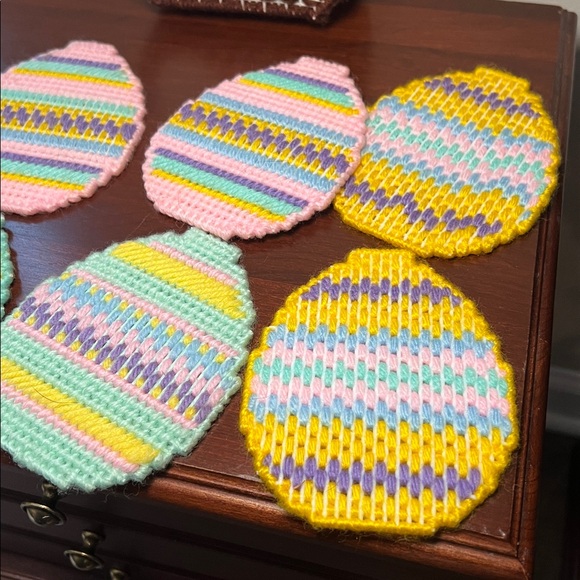 Vintage Handmade Crochet Knit Easter Bunny Coaster Set Cute Kitsch Granny Square - Picture 5 of 15